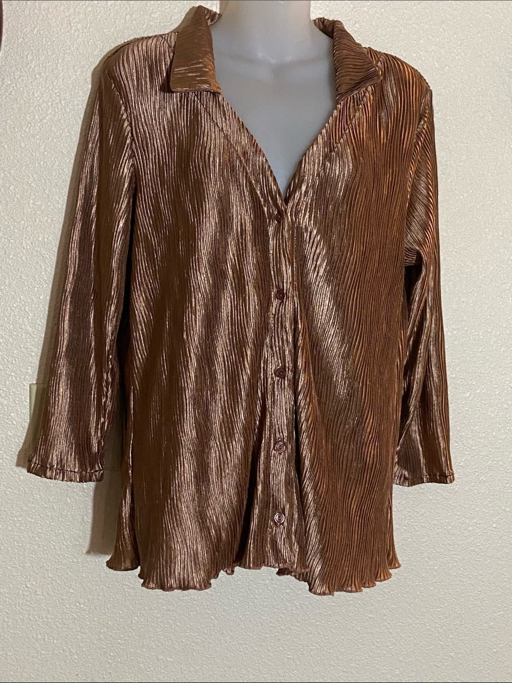 TruselfāRose Metallic Pleated Button-Down Shirt in Copper Size Approxi, XL